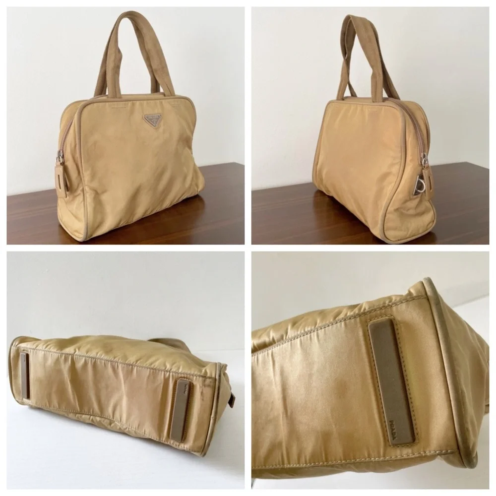 Prada tan Tessuto sport nylon triangle logo small zip tote bag